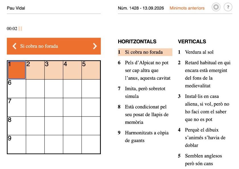 Graella dels Minimots al costat de les definicions horitzontals i verticals