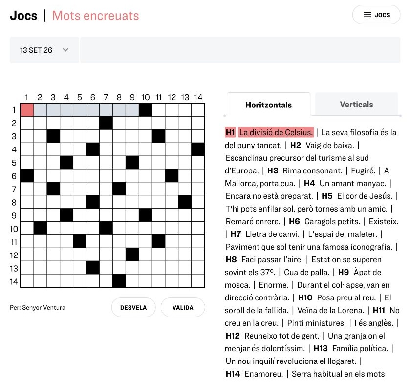Graella completa dels mots encreuats de l’ARA al costat de les definicions