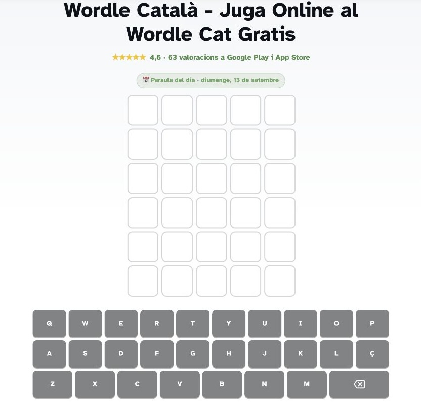Graella de sis intents i teclat del Wordle Català